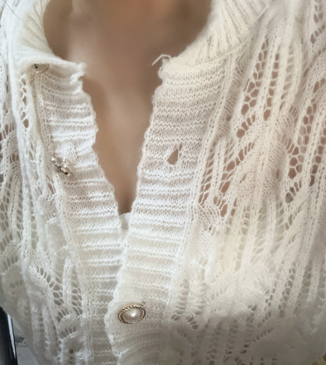 Pointelle Open Knit Button Front Top - OffWhite - 2
