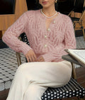 Pointelle Open Knit Button Front Top - Pink