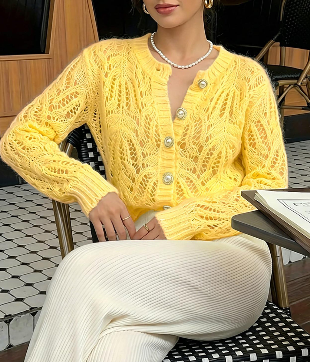 Pointelle Open Knit Button Front Top - Yellow