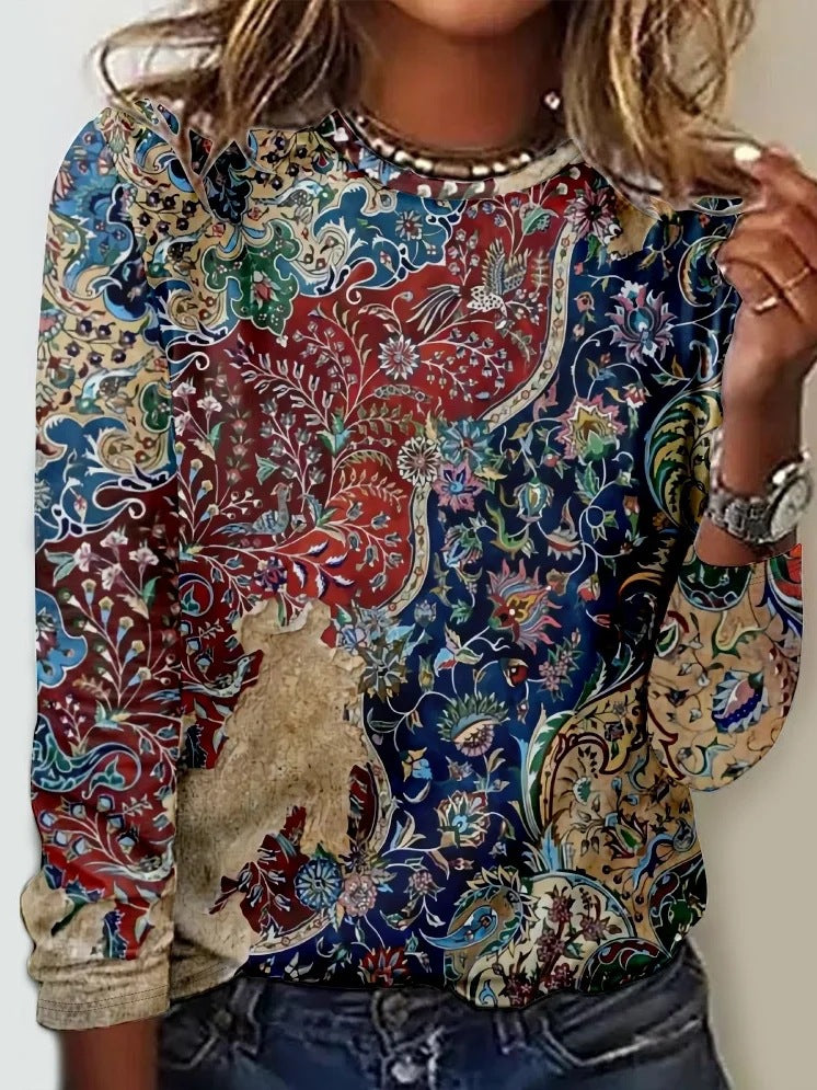 Painted Print Round Neck Long Sleeve Tee - Color_01