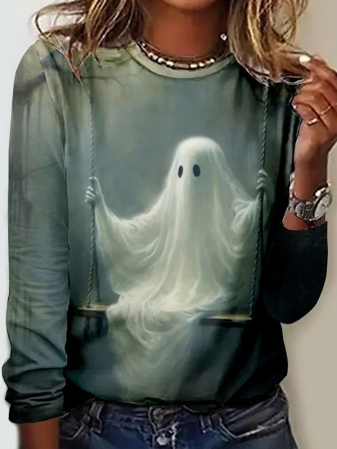 Painted Print Round Neck Long Sleeve Tee - Color_02