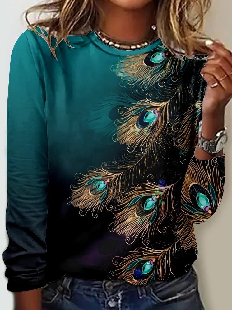 Painted Print Round Neck Long Sleeve Tee - Color_03