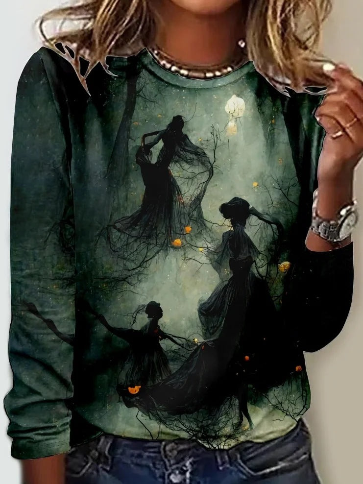 Painted Print Round Neck Long Sleeve Tee - Color_04