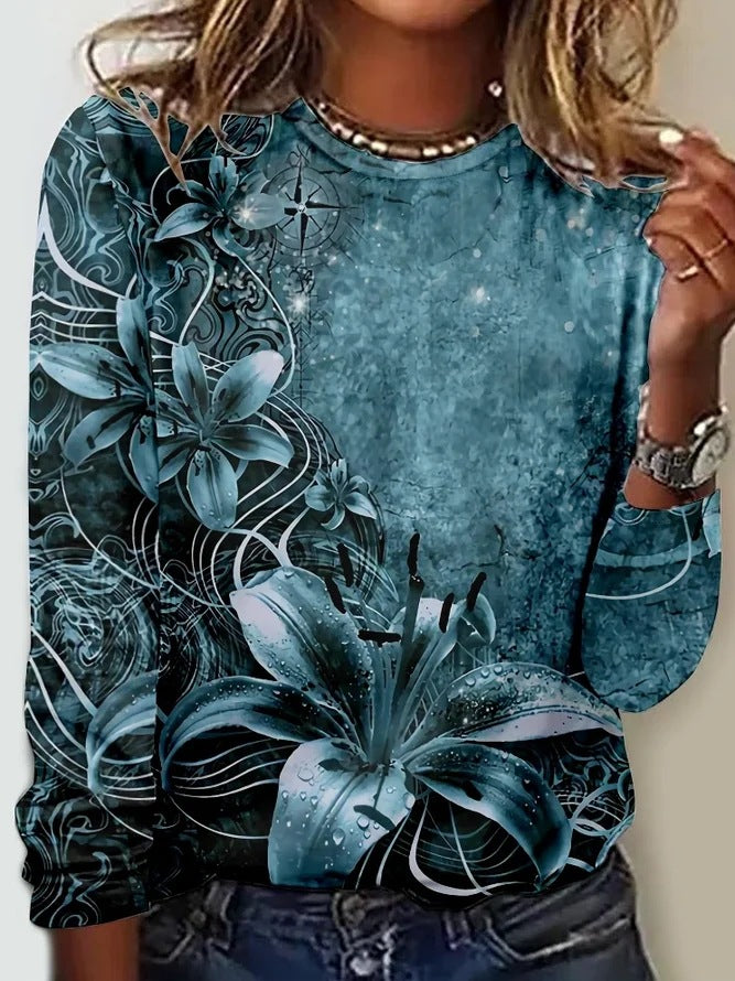 Painted Print Round Neck Long Sleeve Tee - Color_05