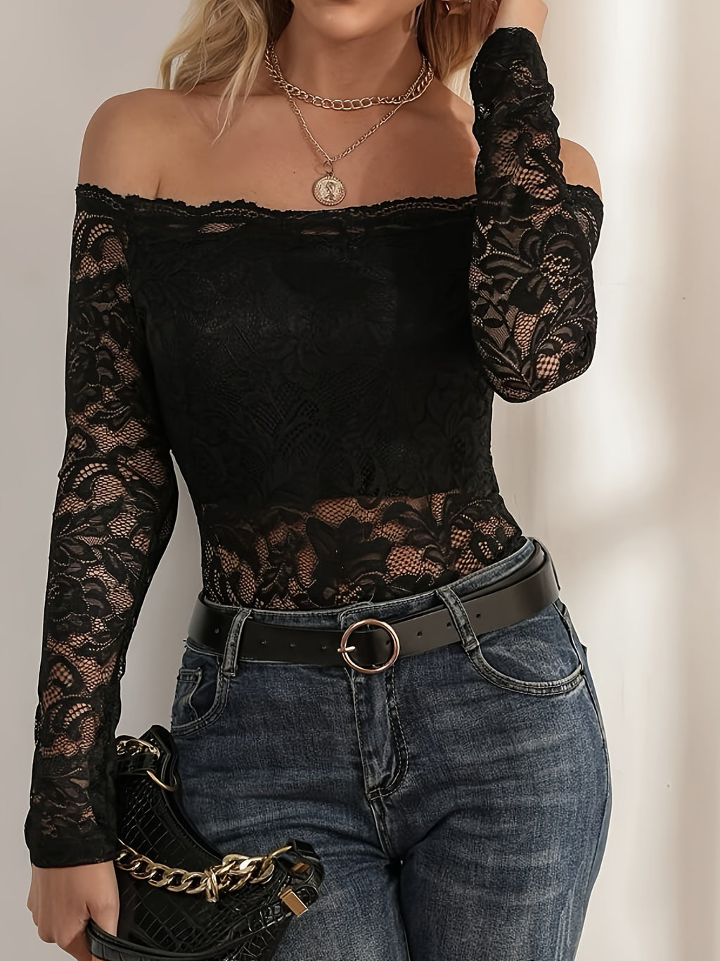 Sheer Floral Lace Off Shoulder Top - Black