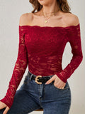Sheer Floral Lace Off Shoulder Top - Winered