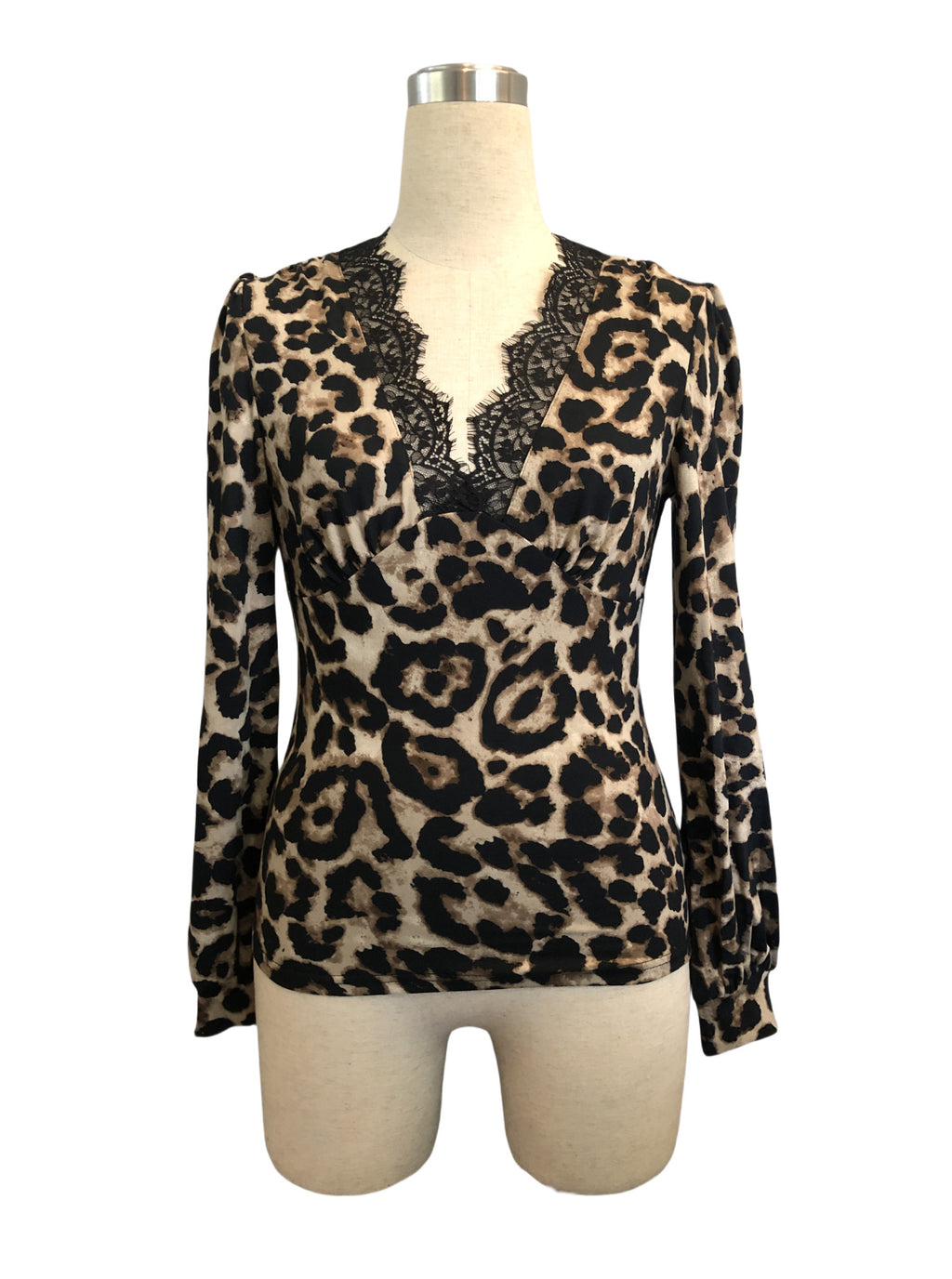Leopard Print Lace Trim Wrap Blouse - Coffee