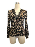 Leopard Print Lace Trim Wrap Blouse - Coffee