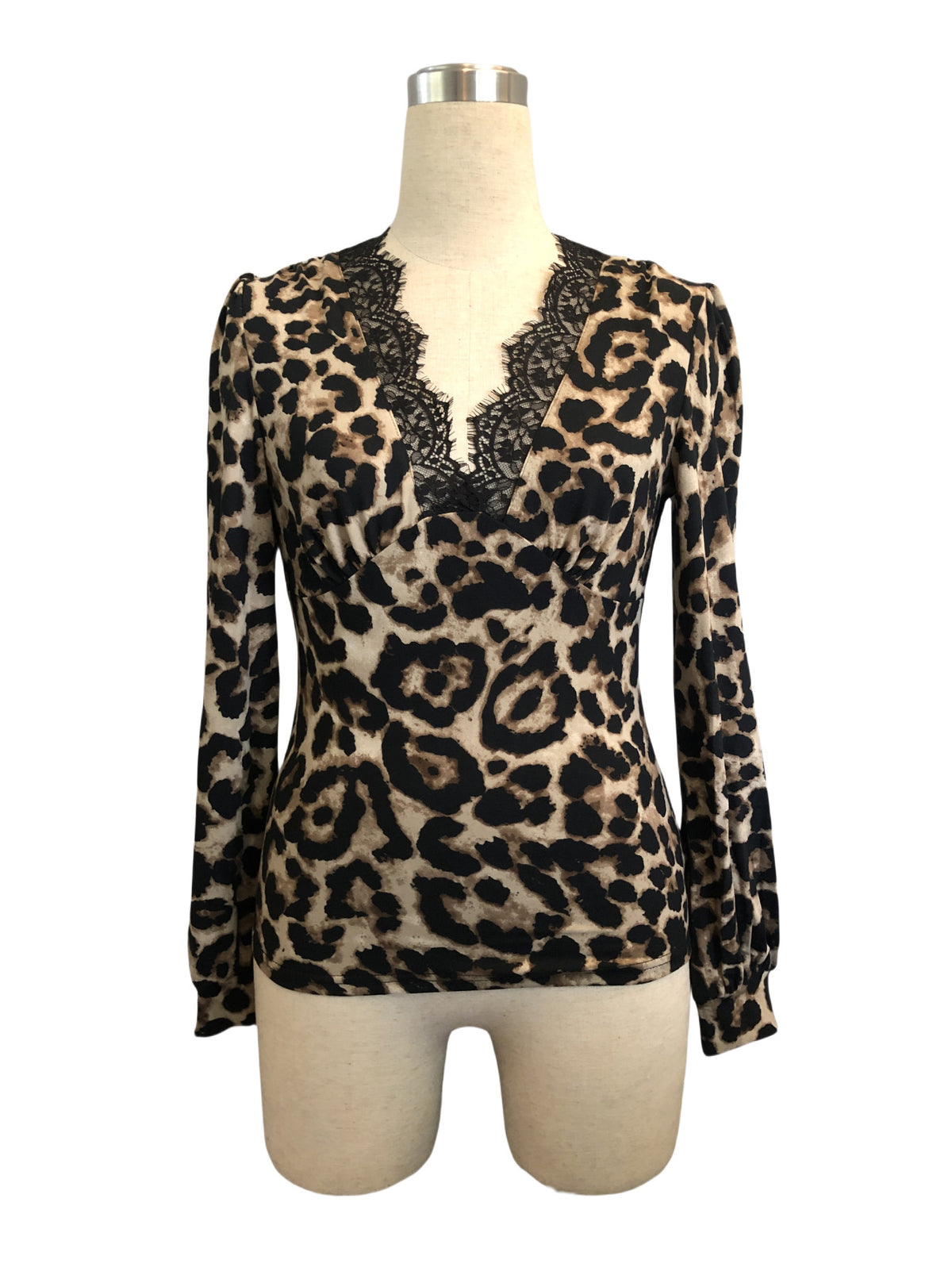 Leopard Print Lace Trim Wrap Blouse - Coffee