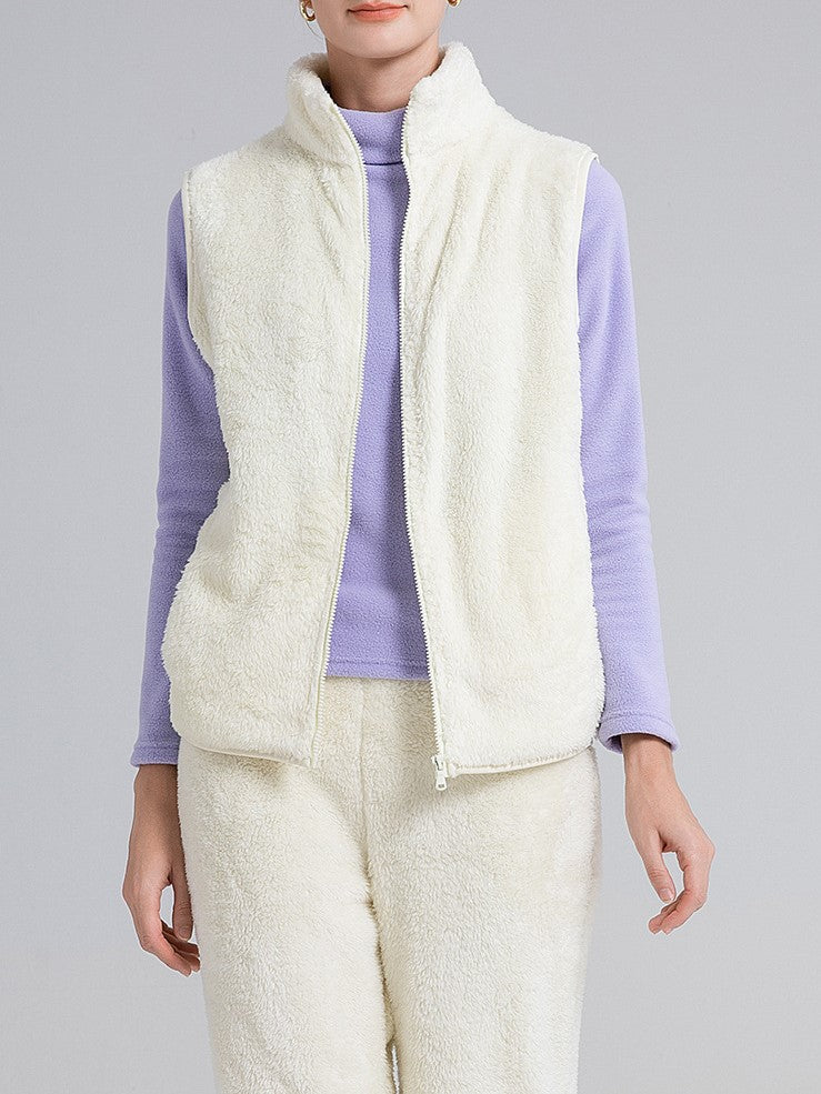 Cozy Teddy Fleece Zip Front Vest - Offwhite