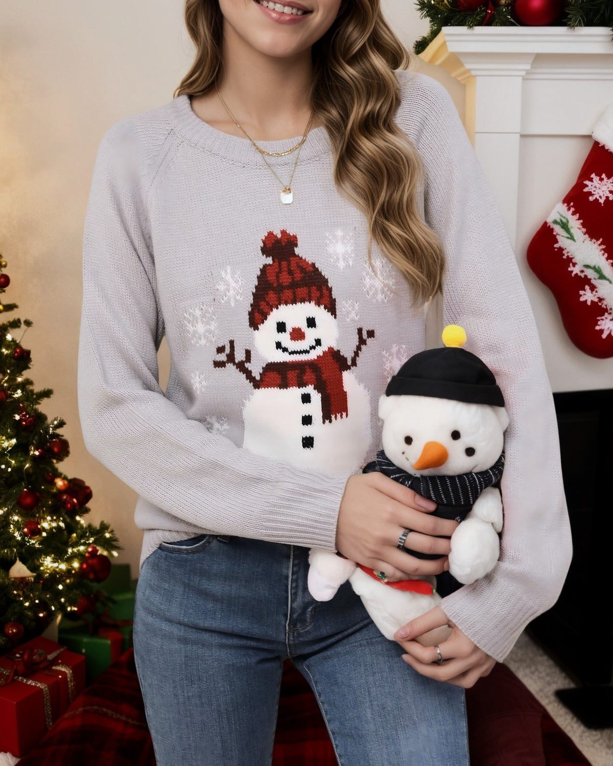 Snowman Snowflake Crew Neck Holiday Sweater - Grey