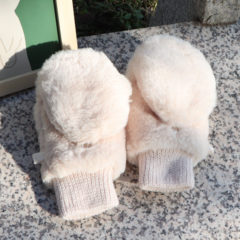Faux Fur Flip Top Convertible Gloves - Beige