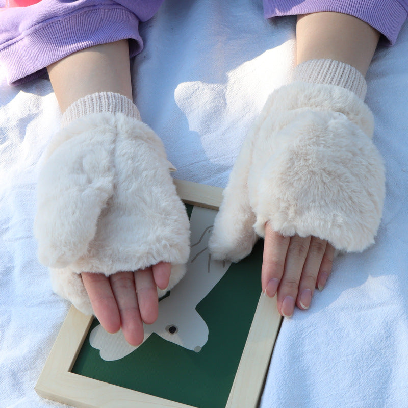 Faux Fur Flip Top Convertible Gloves - Beige - 1