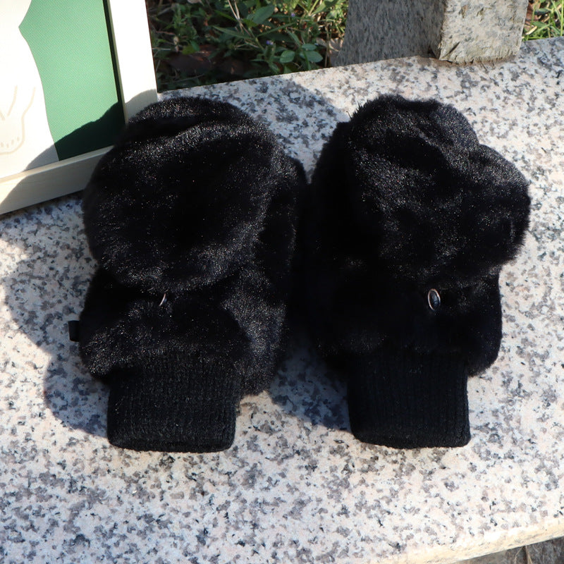 Faux Fur Flip Top Convertible Gloves - Black