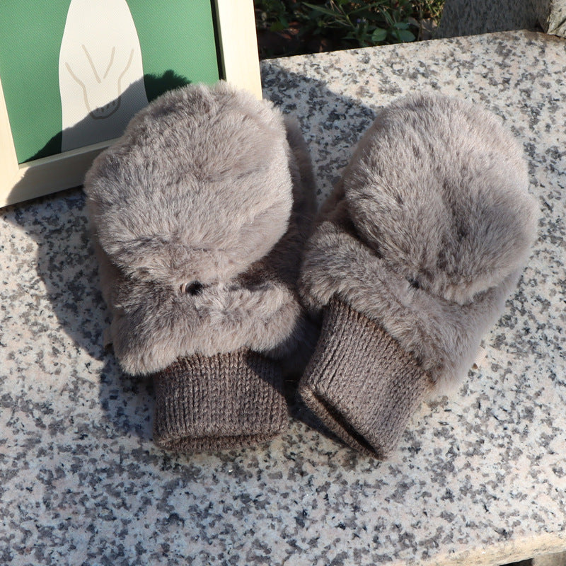 Faux Fur Flip Top Convertible Gloves - Brown