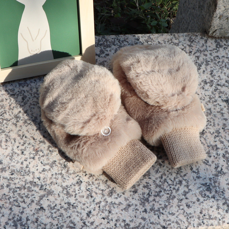 Faux Fur Flip Top Convertible Gloves - Khaki