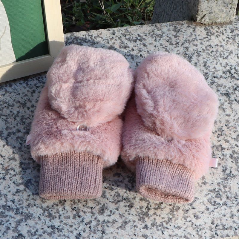 Faux Fur Flip Top Convertible Gloves - Pink - 1