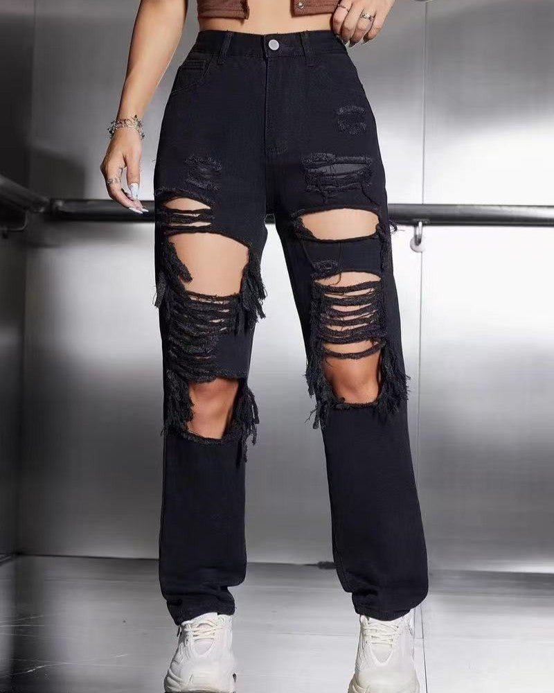 Distressed Cutout Ripped High Waist Straight Jeans - Black