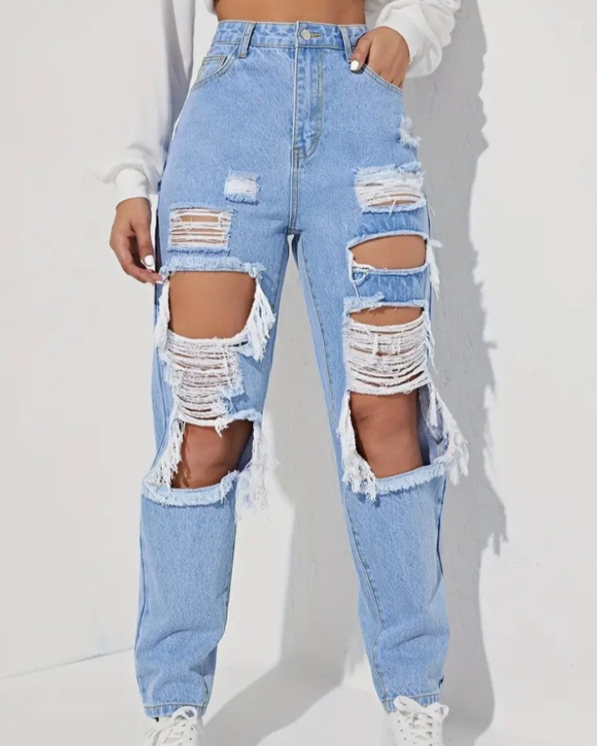 Distressed Cutout Ripped High Waist Straight Jeans - Blue