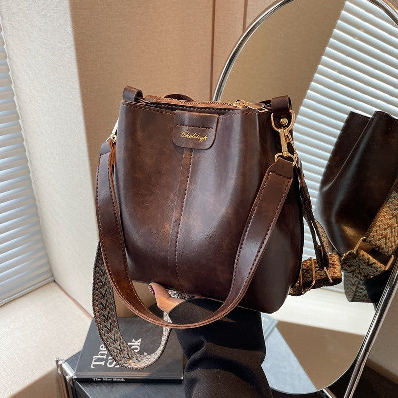 Vintage Faux Leather Bucket Bag with Woven Strap - Espresso