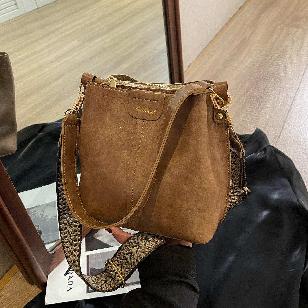 Vintage Faux Leather Bucket Bag with Woven Strap - Khaki