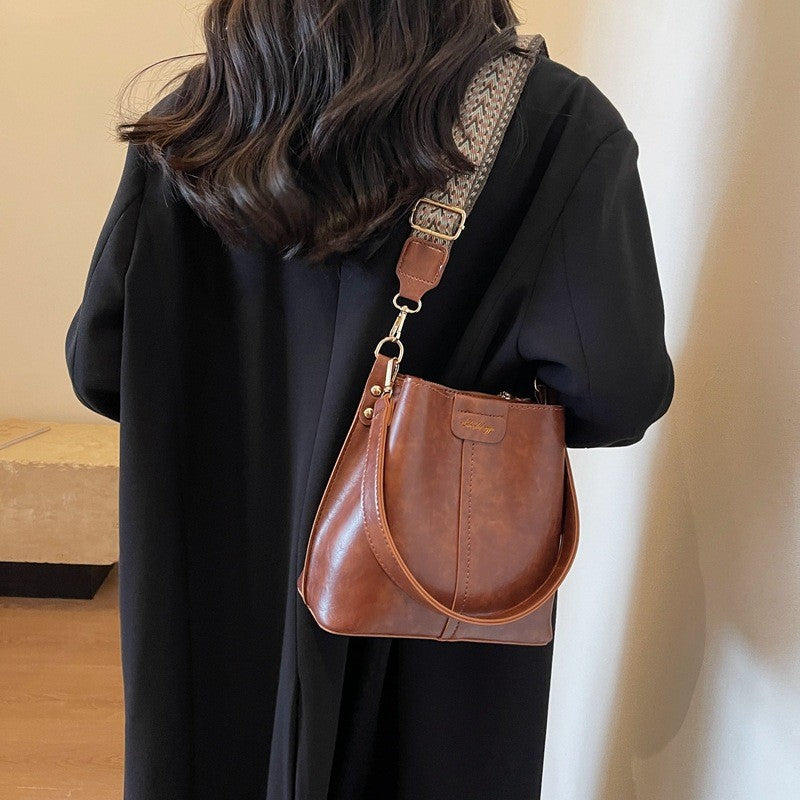 Vintage Faux Leather Bucket Bag with Woven Strap