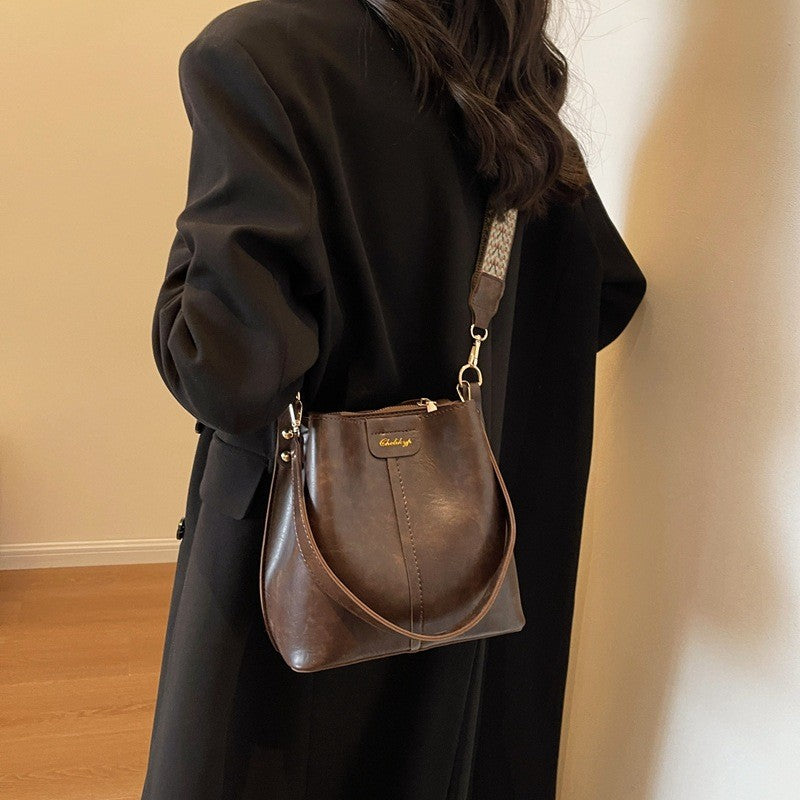 Vintage Faux Leather Bucket Bag with Woven Strap