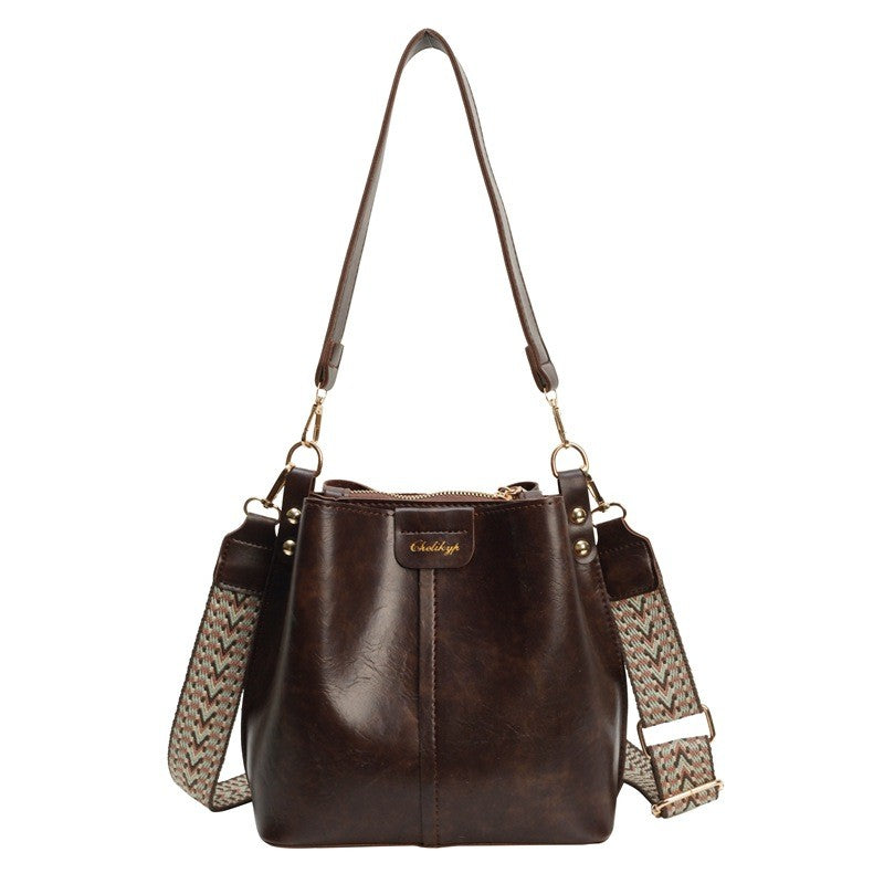 Vintage Faux Leather Bucket Bag with Woven Strap