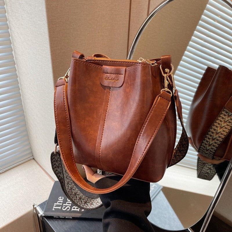 Vintage Faux Leather Bucket Bag with Woven Strap