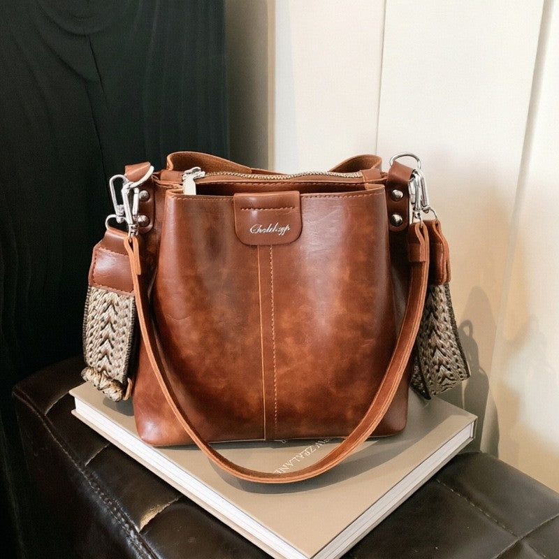 Vintage Faux Leather Bucket Bag with Woven Strap