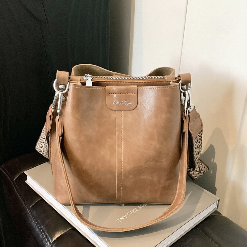 Vintage Faux Leather Bucket Bag with Woven Strap