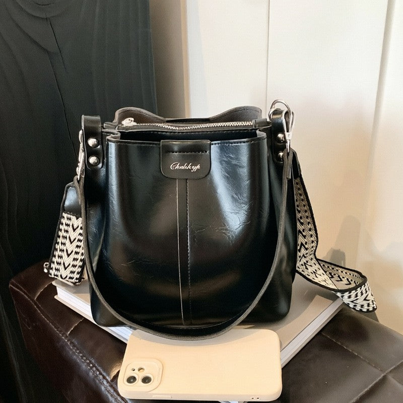 Vintage Faux Leather Bucket Bag with Woven Strap