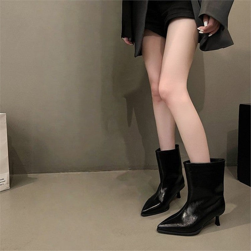 Glossy Pointed Toe Low Heel Boots - Black Ankle Slim Heel