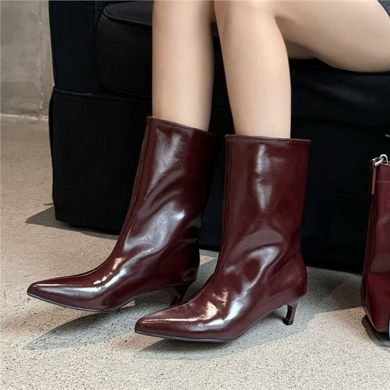 Glossy Pointed Toe Low Heel Boots - Burgundy Ankle Kitten Heel