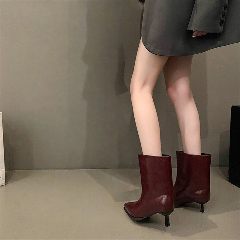 Glossy Pointed Toe Low Heel Boots - Burgundy Ankle Slim Heel
