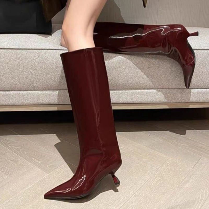 Glossy Pointed Toe Low Heel Boots - Burgundy Tall Slim Heel