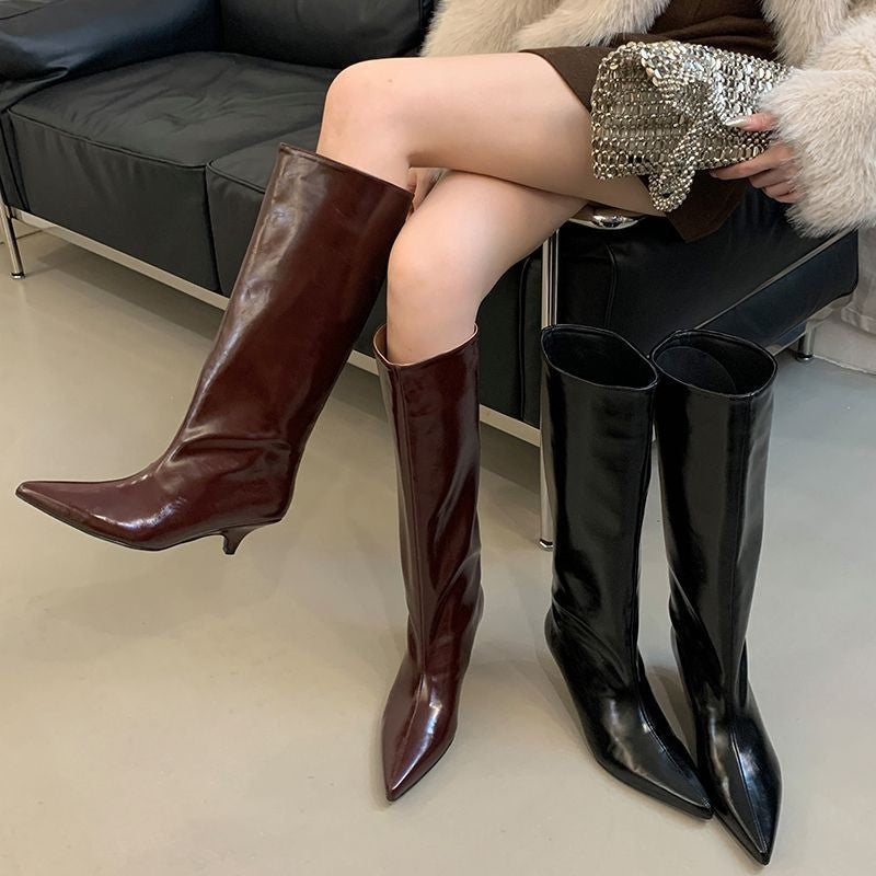Glossy Pointed Toe Low Heel Boots