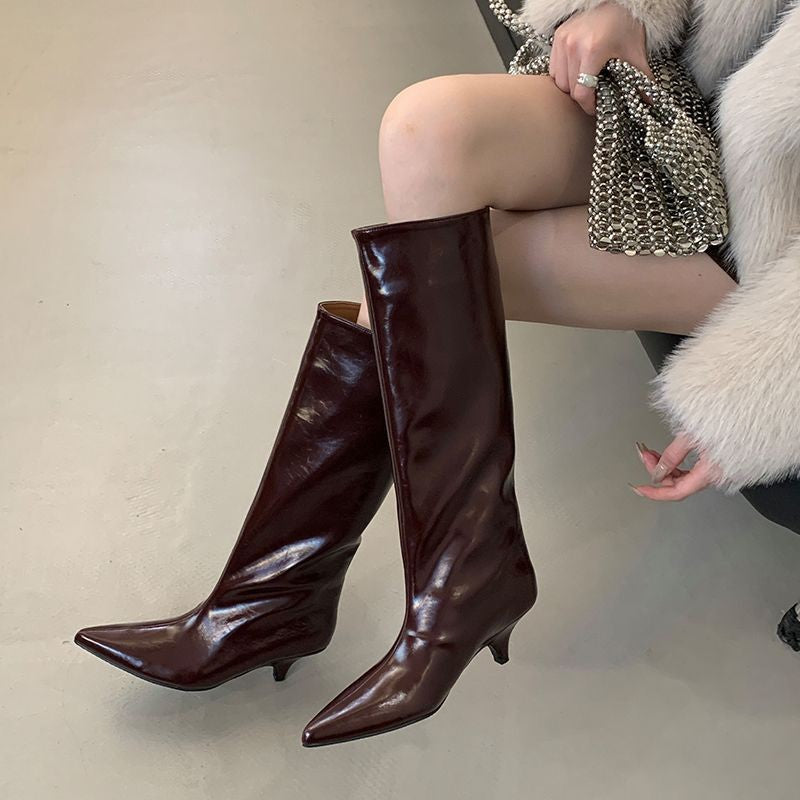 Glossy Pointed Toe Low Heel Boots