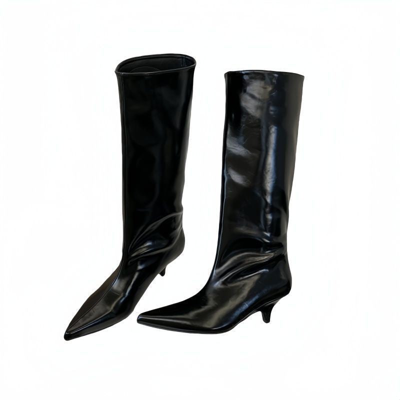 Glossy Pointed Toe Low Heel Boots