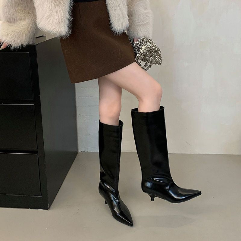 Glossy Pointed Toe Low Heel Boots