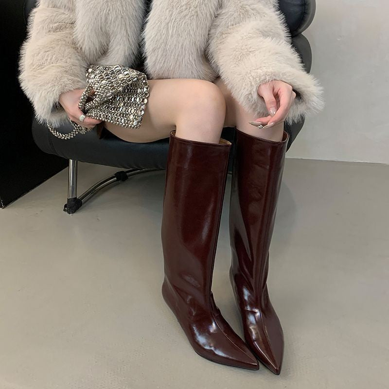 Glossy Pointed Toe Low Heel Boots