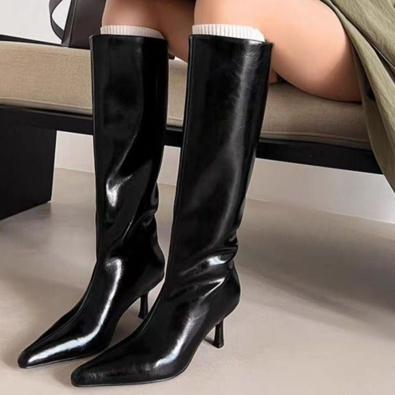 Glossy Pointed Toe Low Heel Boots