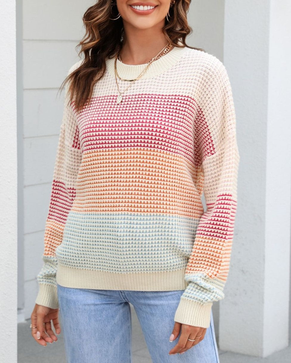 Waffle Knit Colour Block Stripe Top - Apricot
