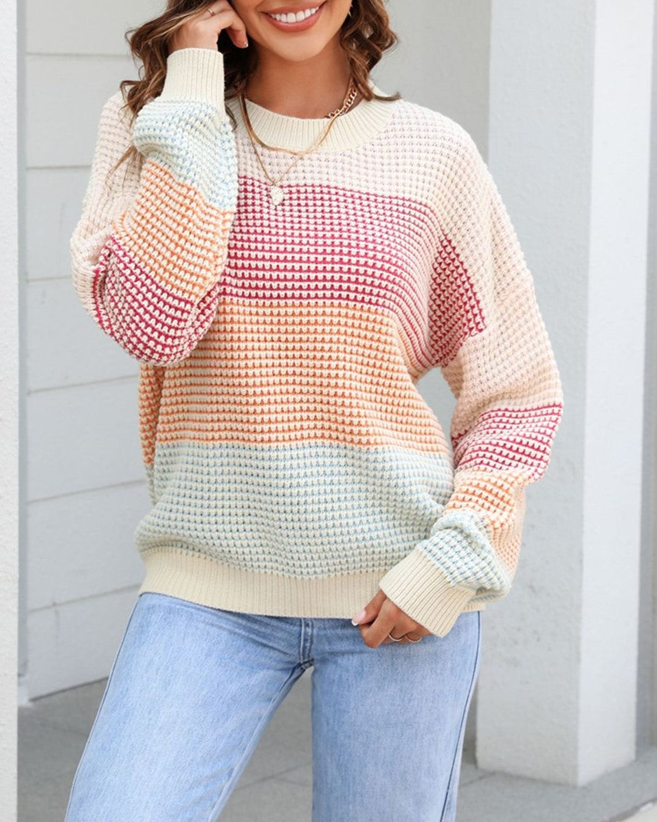 Waffle Knit Colour Block Stripe Top - Apricot - 1