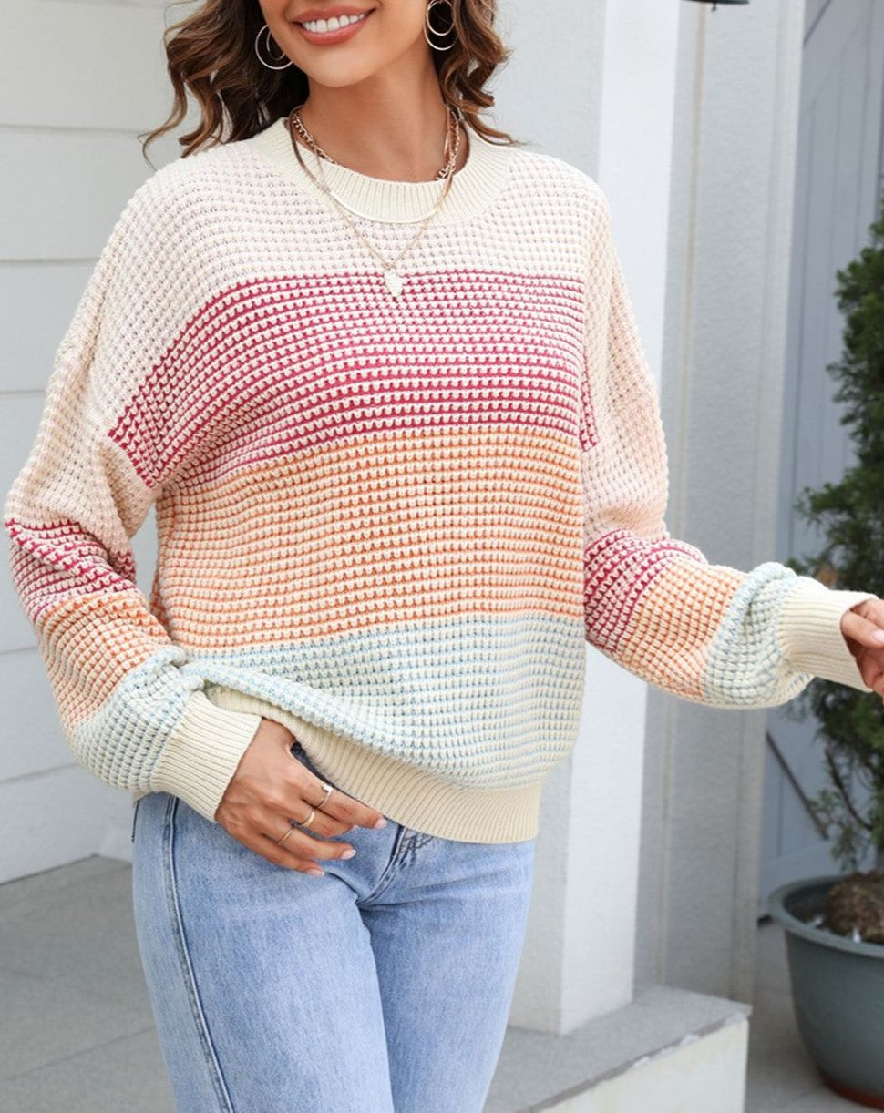 Waffle Knit Colour Block Stripe Top - Apricot - 2