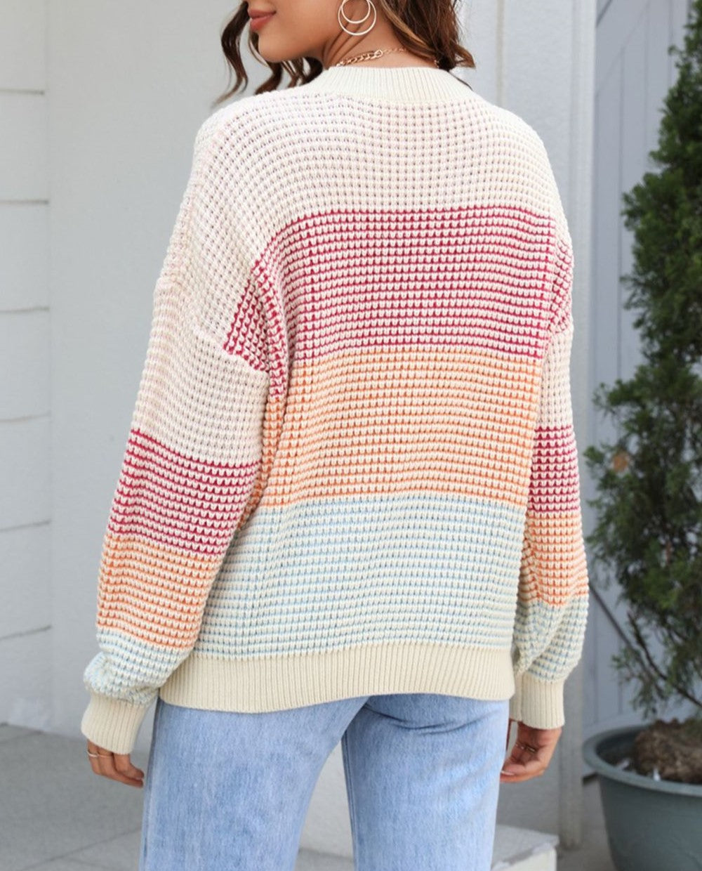 Waffle Knit Colour Block Stripe Top - Apricot - 3