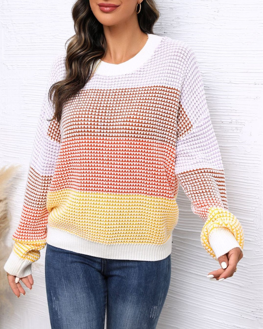 Waffle Knit Colour Block Stripe Top - White - 1