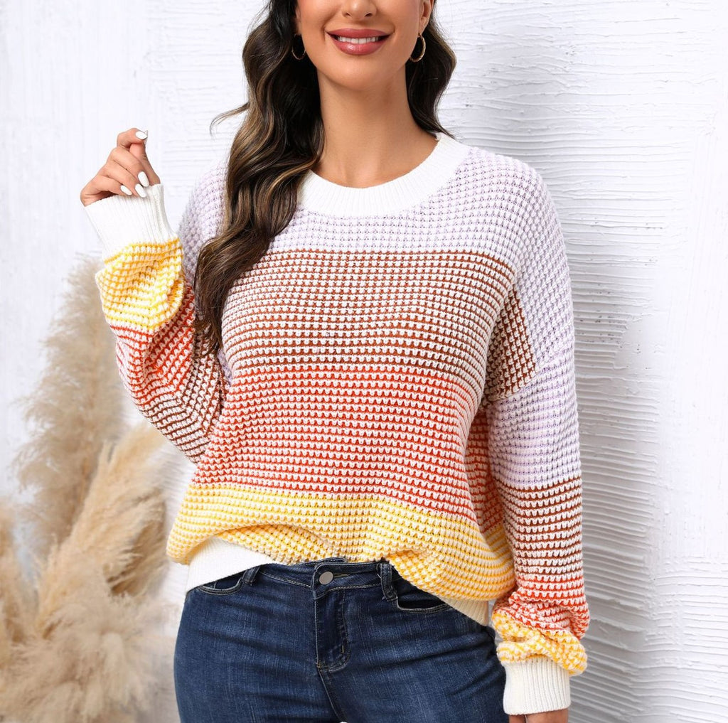 Waffle Knit Colour Block Stripe Top - White - 2