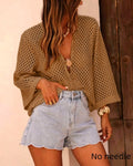 Openwork Crochet Knit Top With Flared Sleeves - Coffee