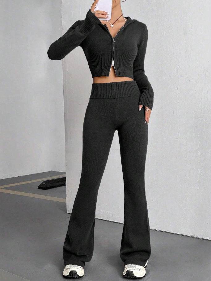 Cropped Zip Hoodie And Wide Flare Trouser Set - Black - 1